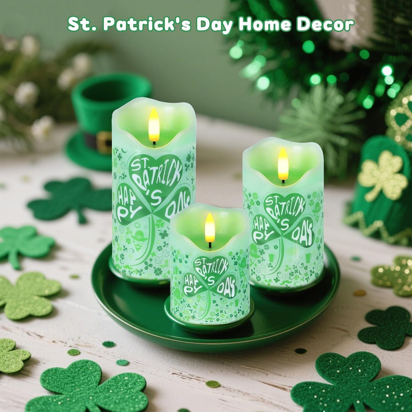 Flameless Candles Lights, Set of 3 Flickering LED Candles with Remote & Timer, Dimmable Electric Pillar Candles Battery Operated, Green Candles for Home St. Patrick’s Day Christmas Decor (Green)