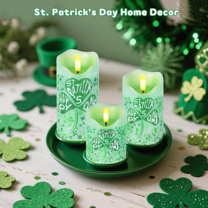 Flameless Candles Lights, Set of 3 Flickering LED Candles with Remote & Timer, Dimmable Electric Pillar Candles Battery Operated, Green Candles for Home St. Patrick’s Day Christmas Decor (Green)