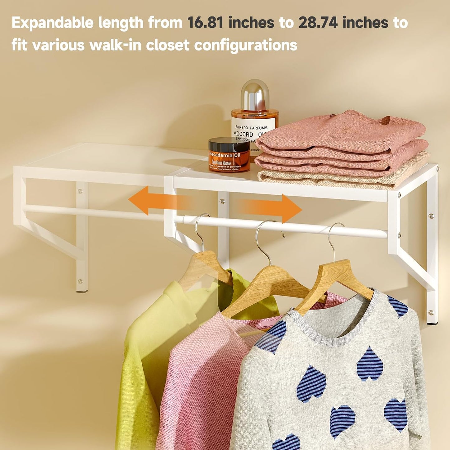 ThreeHio Expandable Closet Shelves Wall Mounted, 2 Pack Closet Shelving with Hanging Rods, Wall Shelving for Walk-in Closet, Hanging Shelves Organizer and Storage for Closet, Laundry