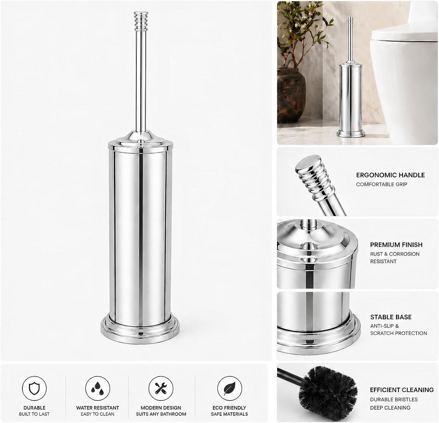 Nickel Toilet Brush and Holder Set，Extra Long Handled Toilet Bowl Brush and Holder，Stainless Steel Heavy Duty Toilet Brush for Bathroom,Deep Cleaning Modern Toilet Cleaner Slip Base