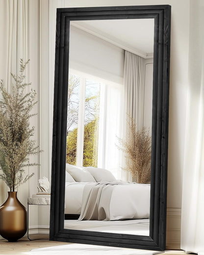 Full Length Mirror 65"x22" with Stand Solid Wood Frame Floor Large Mirror for Living Room, Bedroom Hanging Standing or Leaning Wall-Mounted, New Black
