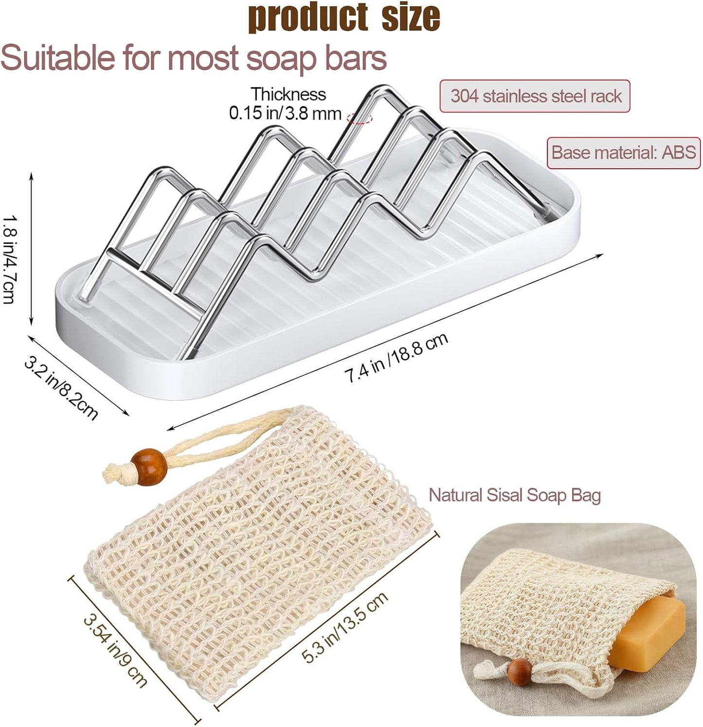 Thick Stainless Steel Soap Holder with 2 Soap Saver Bags, Self-Draining Shampoo Bar Holder with Removable Drip Tray, 304 Rustproof Quick-Drying Soap Dish for Bathroom Counter, Kitchen Sink & Shower