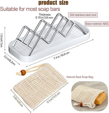 Thick Stainless Steel Soap Holder with 2 Soap Saver Bags, Self-Draining Shampoo Bar Holder with Removable Drip Tray, 304 Rustproof Quick-Drying Soap Dish for Bathroom Counter, Kitchen Sink & Shower