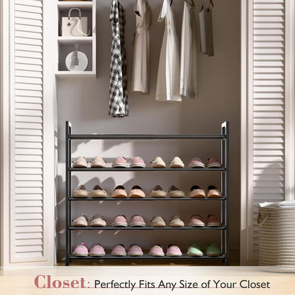 Bumusty 3-Tier Expandable Shoe Rack for Closet, 18“-33” Adjustable Shoe Rack for Small Space, Small Shoe Organizer for Front Door, Sturdy Metal, Black