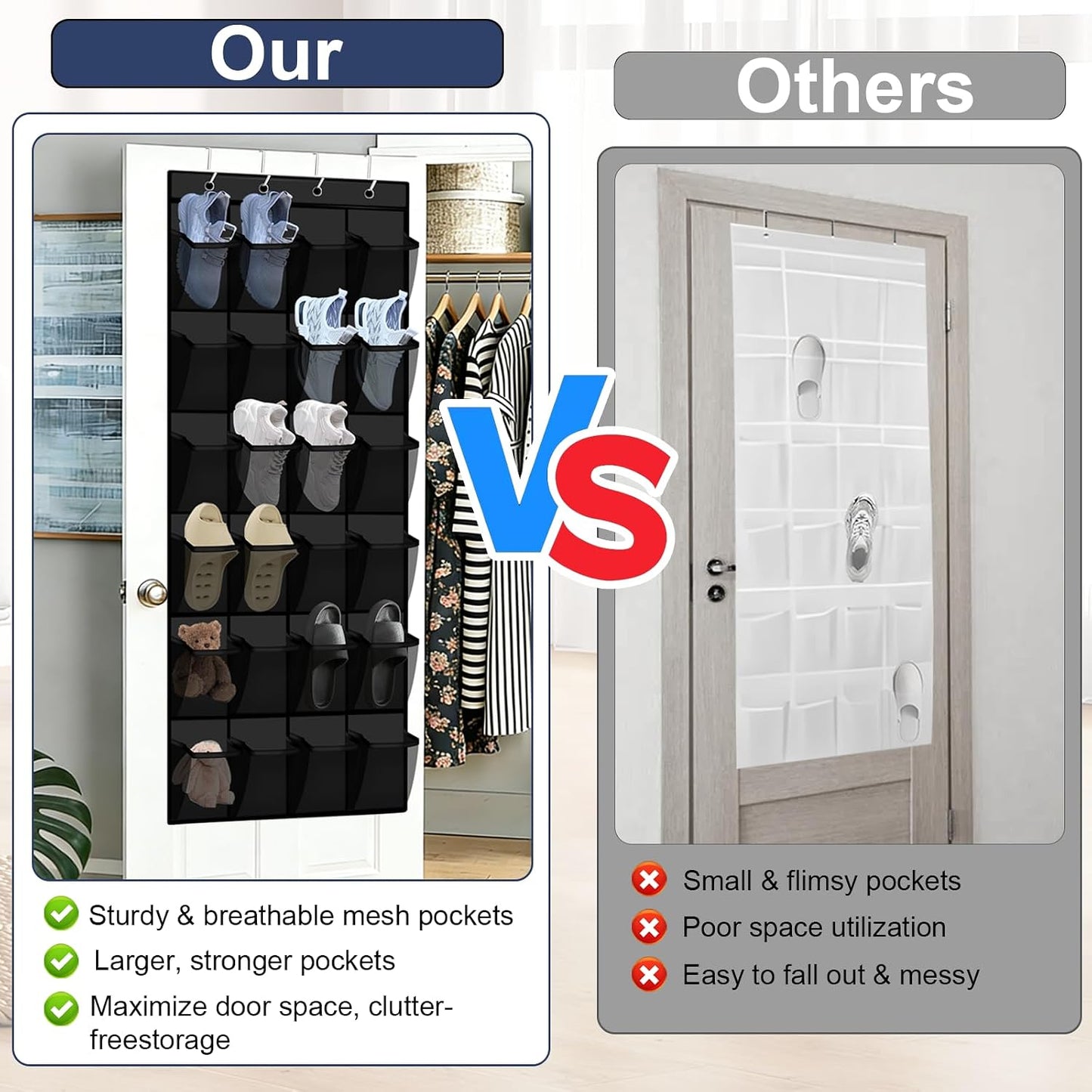 Over the Door Shoe Organizer - 24 Large Breathable Mesh Pockets, Space Saving Hanging Shoe Organizer with Metal Hooks, Hanging Shoe Rack for Men's and Women's Shoes (White)