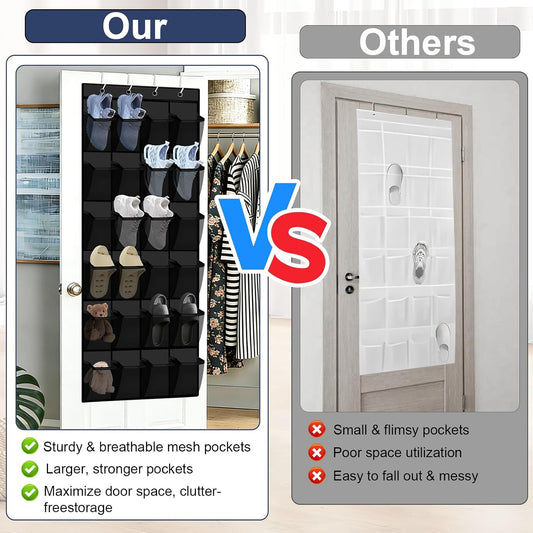 Over the Door Shoe Organizer - 24 Large Breathable Mesh Pockets, Space Saving Hanging Shoe Organizer with Metal Hooks, Hanging Shoe Rack for Men's and Women's Shoes (White)