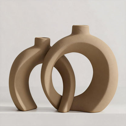 7.2″Hx8.9″H Donut Shape Decorative Vase Set of 2, Ceramic, Modern Minimalism Styles, Flowers or Plant Table Vases for Home Decor Living Room Shelf Entry Console Mantle Dining Centerpiece (Matte White)