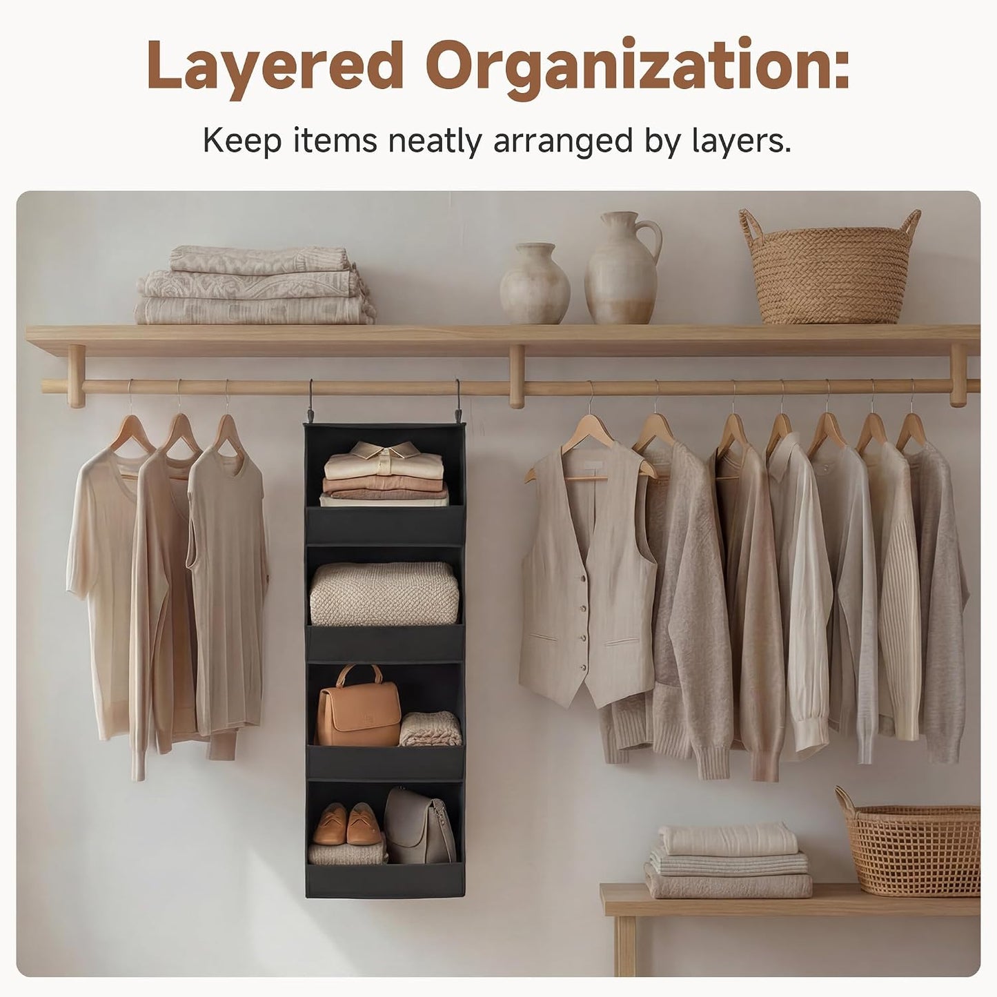 StorageWorks Basics Hanging Closet Organizer, 4-Shelf Wide Trapezoid Closet Shelves with Reinforced Anti-Sagging Support for Sweaters, Hoodies and Handbags, Foldable Storage Organizer, Beige