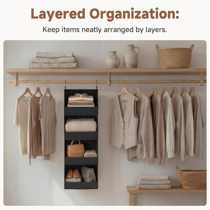 StorageWorks Basics Hanging Closet Organizer, 4-Shelf Wide Trapezoid Closet Shelves with Reinforced Anti-Sagging Support for Sweaters, Hoodies and Handbags, Foldable Storage Organizer, Beige