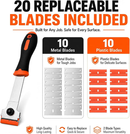 2 Pack Razor Blade Scraper with 10 Plastic and 20 Metal Blades for Removing Paint, Registration Sticker, Grease from Windshield, Glass Top Stove Cooktop Scraper