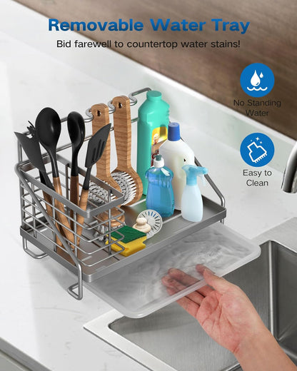 Sponge Holder for Kitchen Sink, Kitchen Sink Caddy Organizer Stainless Steel with Side Baskets, Rustproof and Non-Slip Organizer with Removable Drain Tray for Countertop Storage, Silver