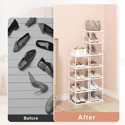 Vertical Tall Shoe Rack Organizer for Entryway -7 Tier Free Standing Slim Narrow Bamboo Wood Corner Stackable Shoe Boots Storage Stand Small Spaces for Closet Garage Cloakroom Living Room (Black)