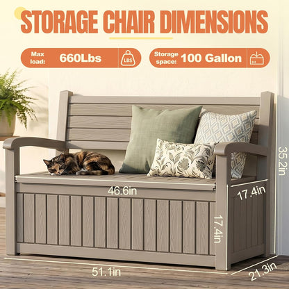 Storage Bench Outdoor Deck Box,100 Gallon Waterproof & UV Resistant Lockable Patio Furniture Seating.Indoor/Outdoor Shoe Storage Cabinet for Garden Cushions,Tools,Patio,Pool Supplies(Black)