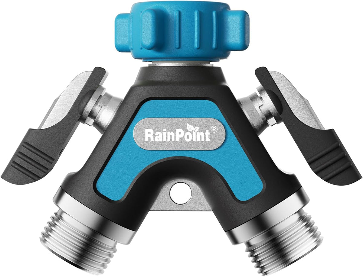 RAINPOINT Garden Hose Splitter 2 Way, All Metal Heavy Duty Water Hose Y Splitter With 2.05" Extra Long Side Handle & Shut Off Valves, 3/4 Inch GHT Thread Connector For Outdoor Spigot Faucet (Green)