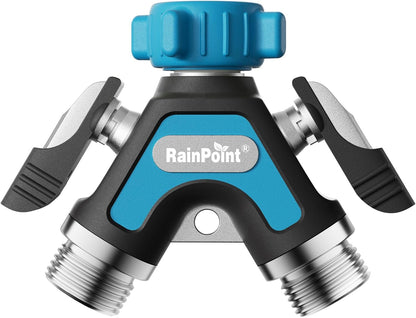 RAINPOINT Garden Hose Splitter 2 Way, All Metal Heavy Duty Water Hose Y Splitter With 2.05" Extra Long Side Handle & Shut Off Valves, 3/4 Inch GHT Thread Connector For Outdoor Spigot Faucet (Green)