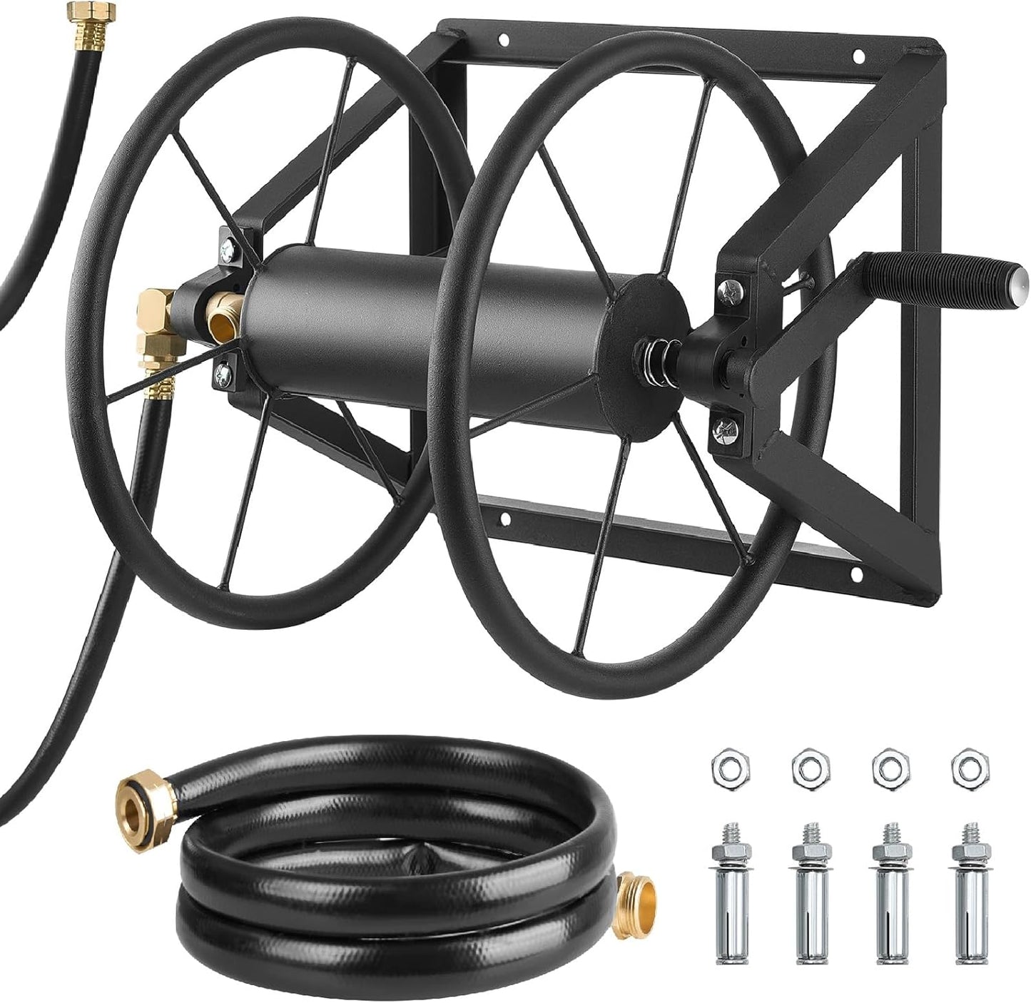 VEVOR Wall Mounted Garden Hose Reel, Holds 125 ft 5/8-inch Hose, Heavy-Duty Water Hose Winder, Space-Saving Design, Outdoor Manual Reel with Brass Fitting and Storage Basket for Yard Lawn