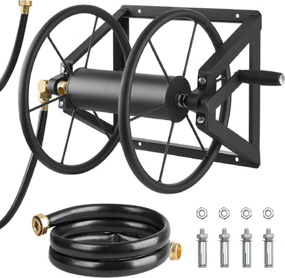 VEVOR Wall Mounted Garden Hose Reel, Holds 125 ft 5/8-inch Hose, Heavy-Duty Water Hose Winder, Space-Saving Design, Outdoor Manual Reel with Brass Fitting and Storage Basket for Yard Lawn