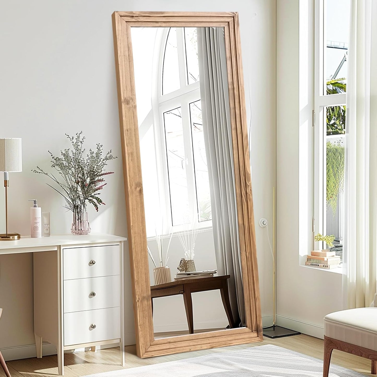 65"x22" Full Length Mirror Solid Wood Frame Floor Mirror with Stand for Living Room, Bedroom Hanging Standing or Leaning, Brown