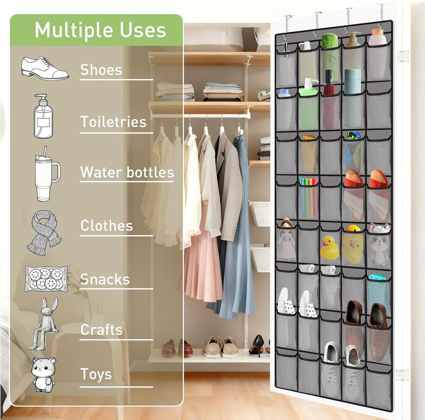 Meolsaek Over Door Shoe Organizer with 24 Breathable Mesh Pockets, Shoe Holder for Door with 4 Metal Hooks, Back of Door Shoe Organizer for Closet, Bedroom, Bathroom, Pantry (Grey - 24)