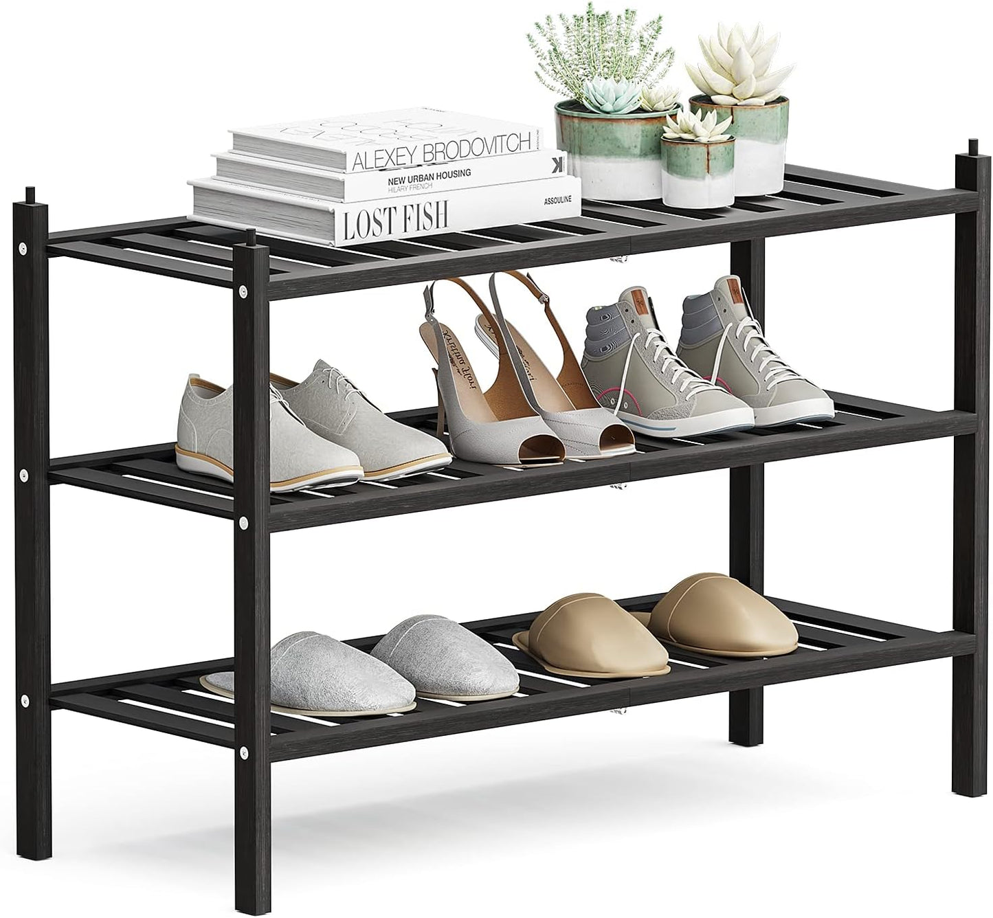 Dranixly Shoe Rack, 2-Tier Bamboo Stackable Shelf Storage Organizer, Stand for Closet, Entryway, Hallway, Bathroom and Living Room（Natural）
