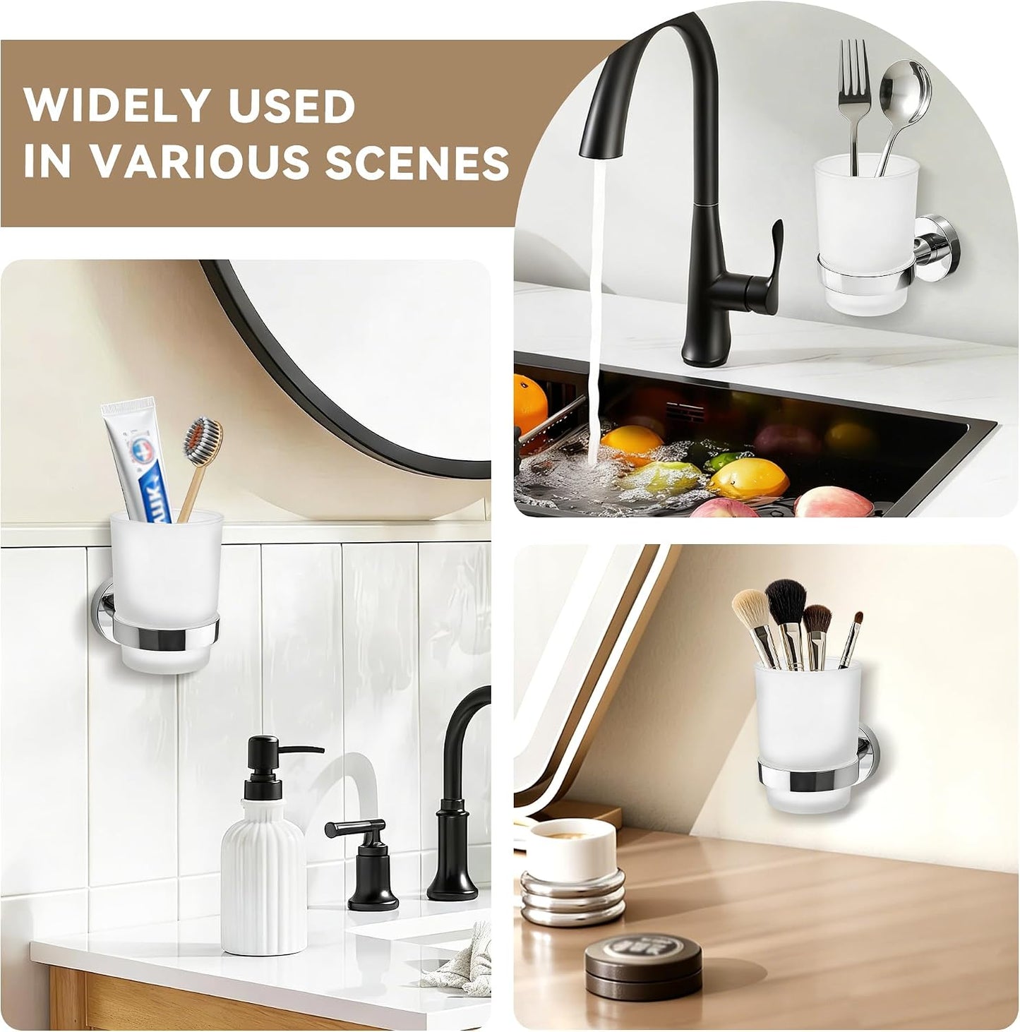 Toothbrush Holder, Wall Mounted Mouthwash Tumbler Holder with Frosted Glass Tumbler for Bathroom&Kitchen,Silver