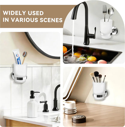 Toothbrush Holder, Wall Mounted Mouthwash Tumbler Holder with Frosted Glass Tumbler for Bathroom&Kitchen,Silver