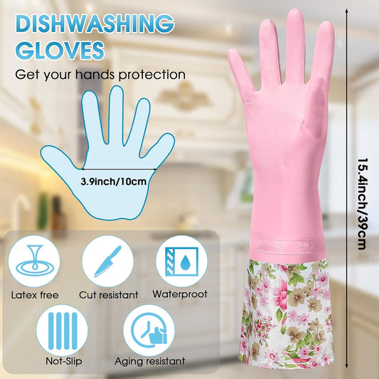 Mimorou 9 Pairs Household Dishwashing Rubber Gloves Long Cuff and Flock Lining Cleaning Gloves Reusable Waterproof