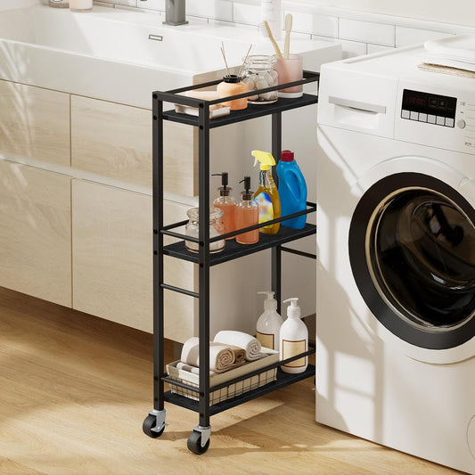 MAHANCRIS Slim Rolling Cart, Mobile Kitchen Cart on Wheels, Narrow Storage Cart for Small Space, Small Bar Cart, for Bathroom, Laundry, Living Room, Black RCHB1501