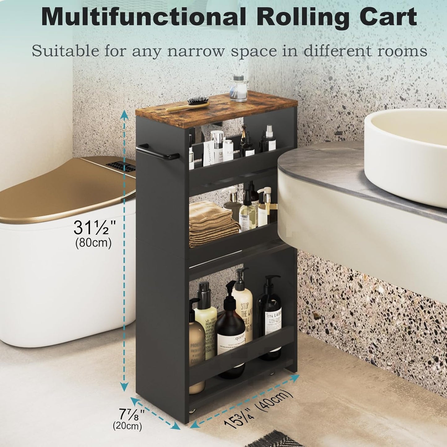 MARTY Slim Rolling Storage Cart 4-Tier Kitchen Cart with Wheels, Laundry Room Storage with Handle Slide Out Utility Cart Shelving Unit Organizer Trolley for Narrow Places Bathroom Small Corner, Black