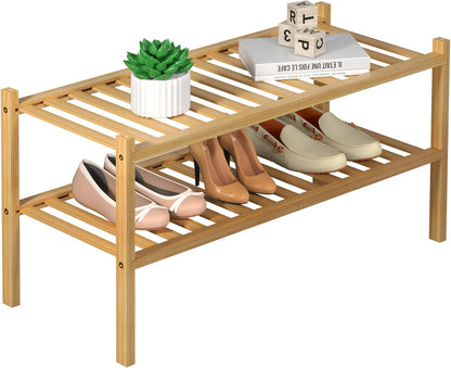 ROMGUAR CRAFT 3 Tier Bamboo Shoe Rack for Closet Free Standing Wood Shoe Shelf Storage Organizer for Entryway Small Space Stackable 27"x11"x20" (Natural)