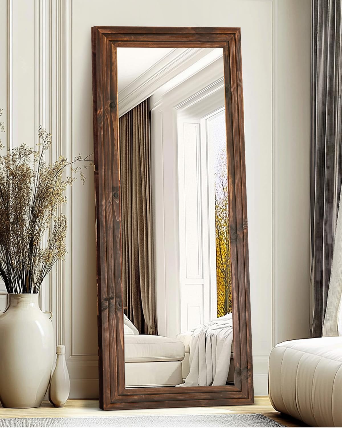 Full Length Mirror 65"x22" with Stand Solid Wood Frame Floor Large Mirror for Living Room, Bedroom Hanging Standing or Leaning Wall-Mounted, New Black