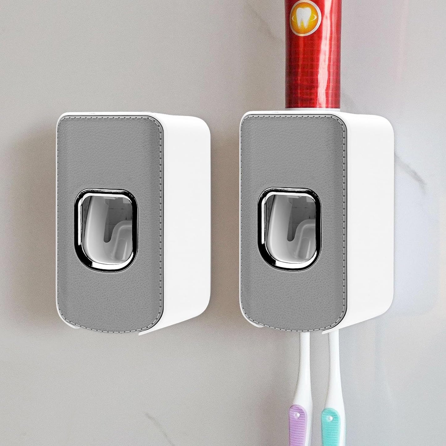 2 Slot Toothbrush Holder and Toothpaste Dispenser Wall Mounted, Automatic Toothpaste Squeezer, 2 in 1 Tooth Brush Toothpaste Organizer for Shower (Grey)