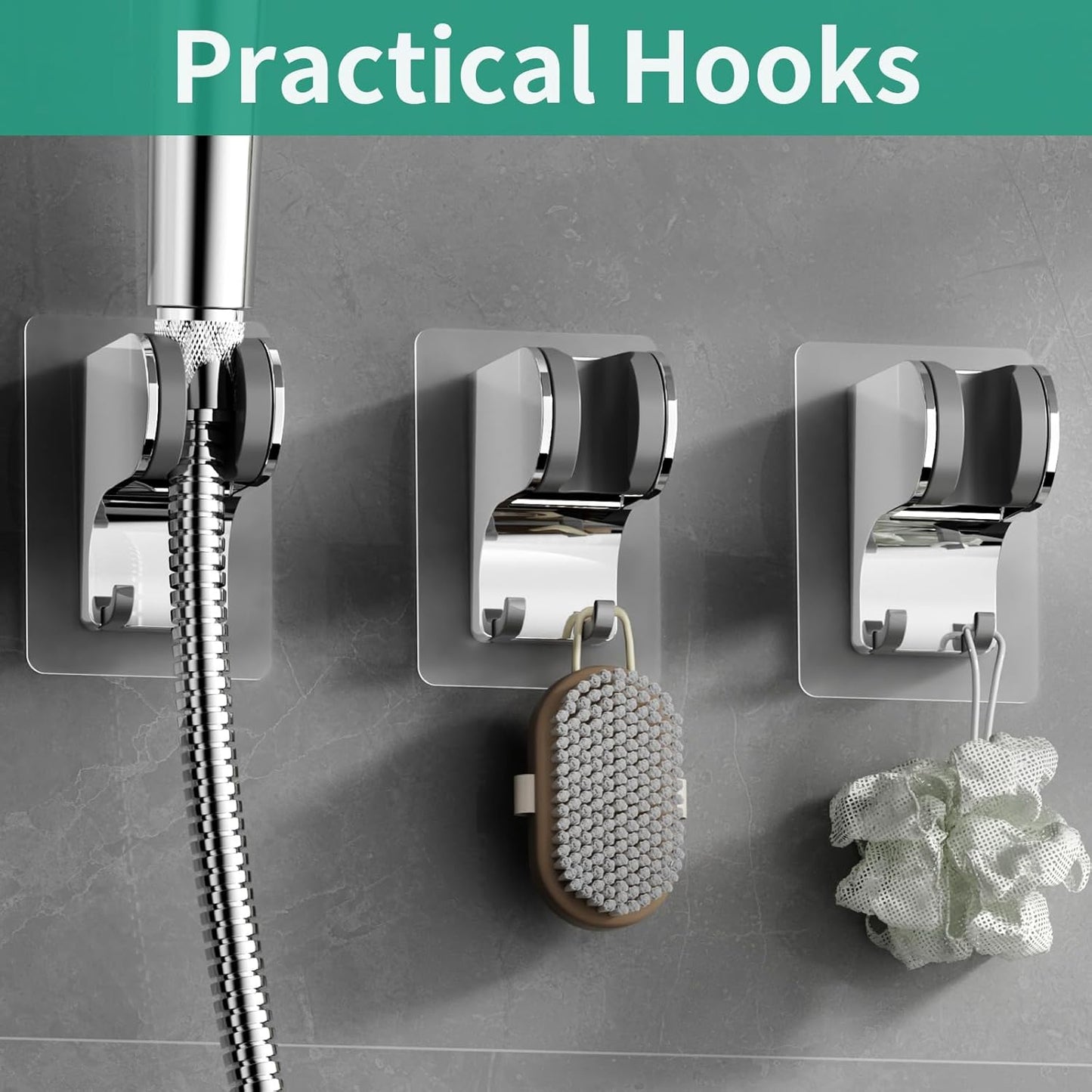 Hand Held Shower Head Holder Wall Mount, Shower Hose Holder Adhesive with 2 Hanger Hooks, Adjustable Shower Handle Holder, No Drilling Shower Wand Holder (‎Chrome, 1 Pack)