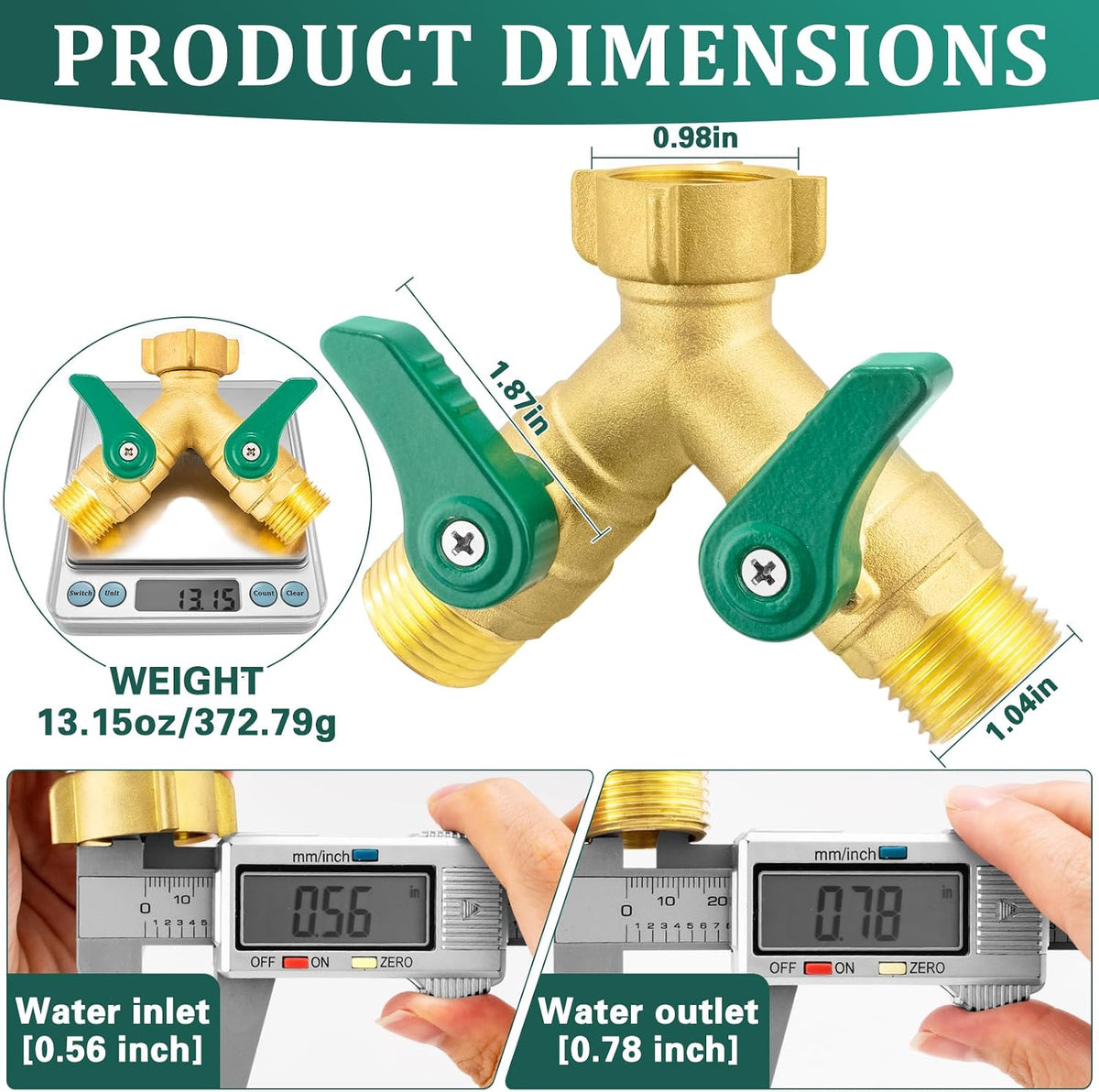 Garden Hose Splitter 2 Way, Heavy Duty Brass Hose Splitter, 3/4" GHT Hose Y Splitter with Shutoff, Full Flow Outdoor Faucet Splitter, Water Hose Y Valve Tap Adapter