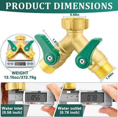 Garden Hose Splitter 2 Way, Heavy Duty Brass Hose Splitter, 3/4" GHT Hose Y Splitter with Shutoff, Full Flow Outdoor Faucet Splitter, Water Hose Y Valve Tap Adapter