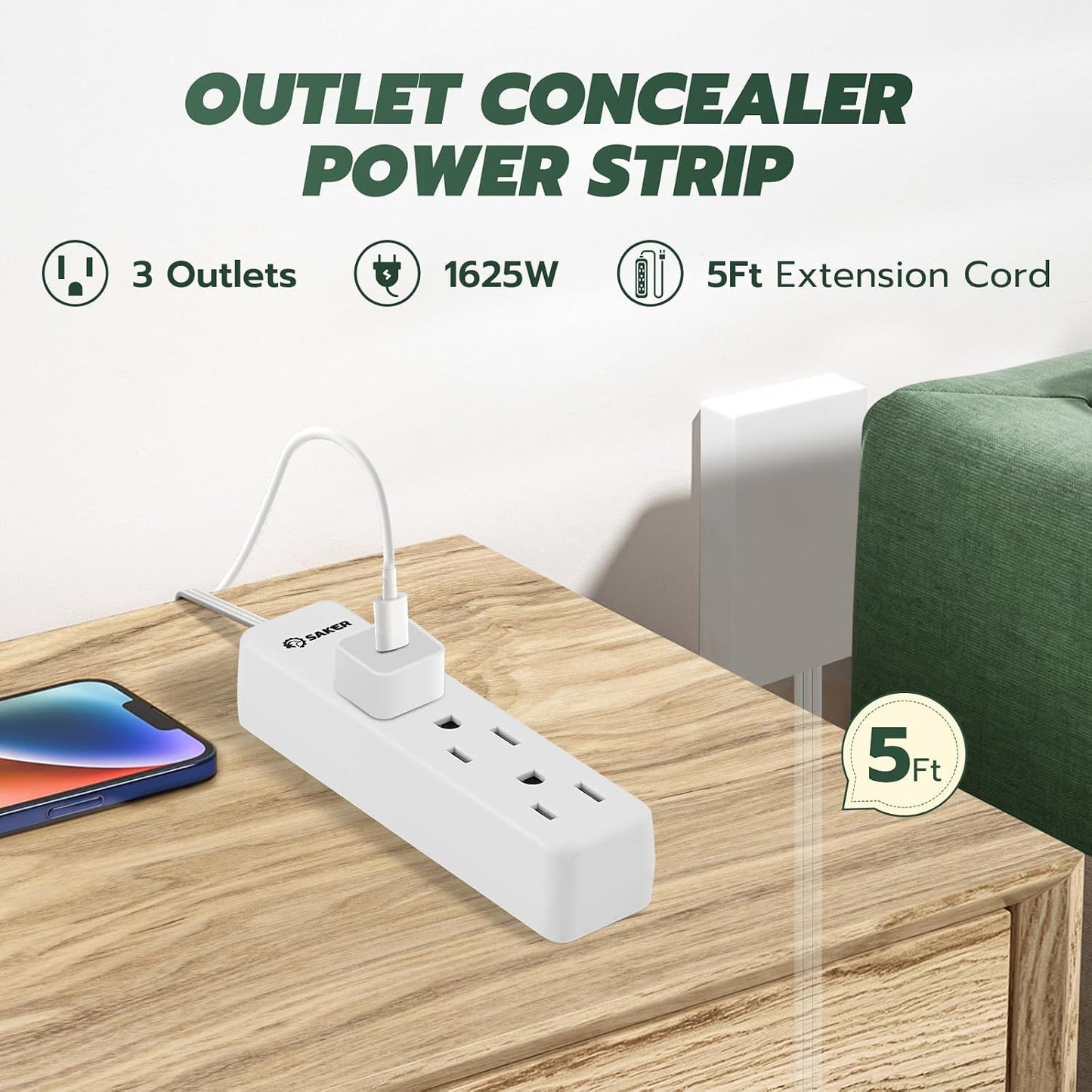 Saker Outlet Concealer Power Strip | 5ft Flat Plug Extension Cord with 3 Outlets,1625W | Universal Size Outlet Cover Baby Proofing | Cover Extension Cord for Kitchen, Home and Office