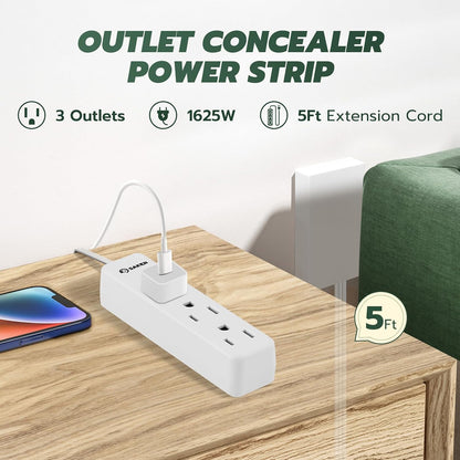 Saker Outlet Concealer Power Strip | 5ft Flat Plug Extension Cord with 3 Outlets,1625W | Universal Size Outlet Cover Baby Proofing | Cover Extension Cord for Kitchen, Home and Office