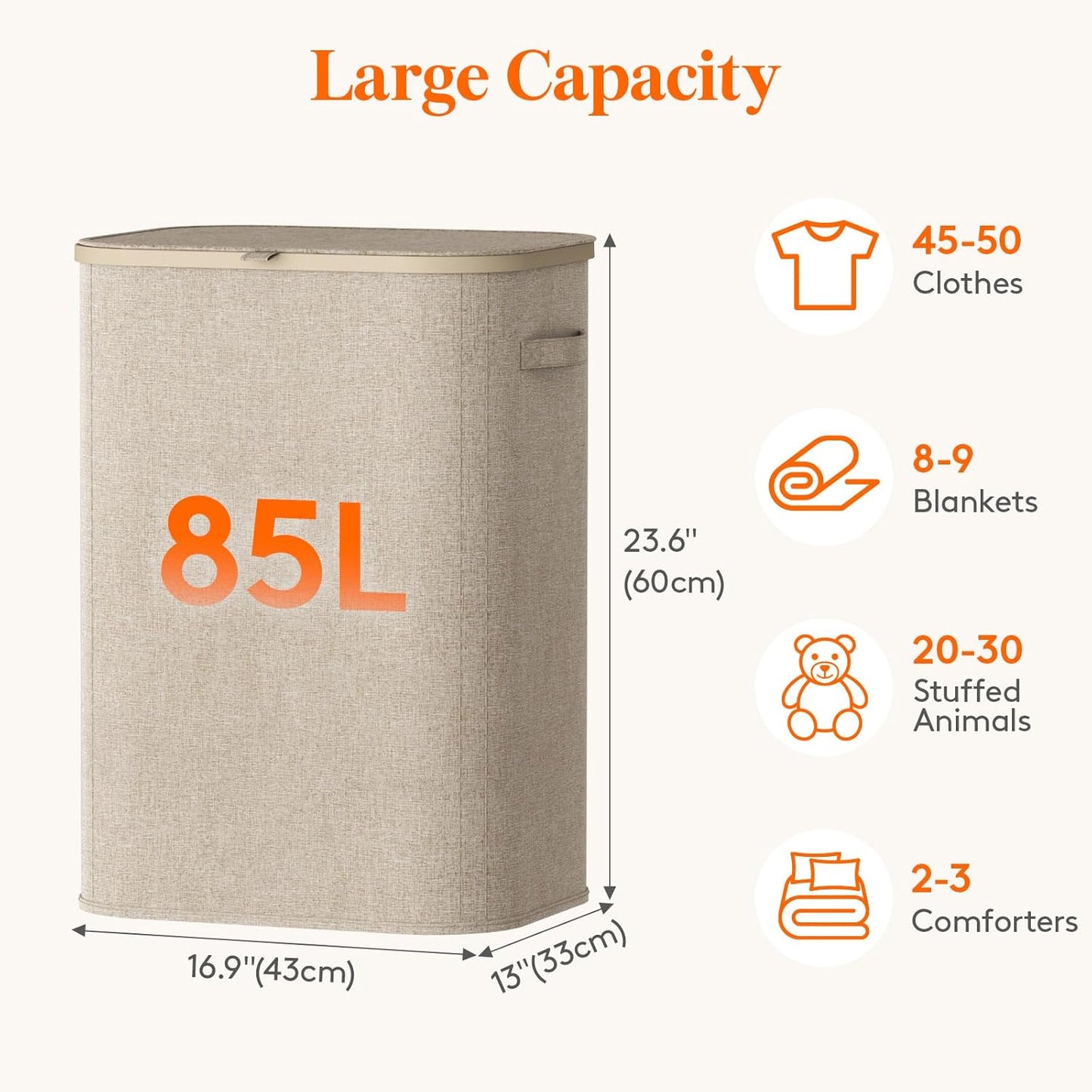 Lifewit 165L Large Laundry Basket with Lid, Laundry Hamper with Plastic Handles and Removable Bag, Foldable Tall Dirty Clothes Hampers for Laundry for Laundry Room, Bedroom, Bathroom, Dorm, Beige