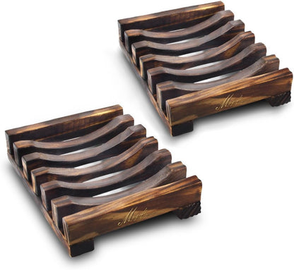 2 Pack Wooden Soap Holder Bamboo Soap Dish for Shower with Self Draining Tray Natural Bar Soap Holder and Soap Saver for Bathroom Kitchen Sink