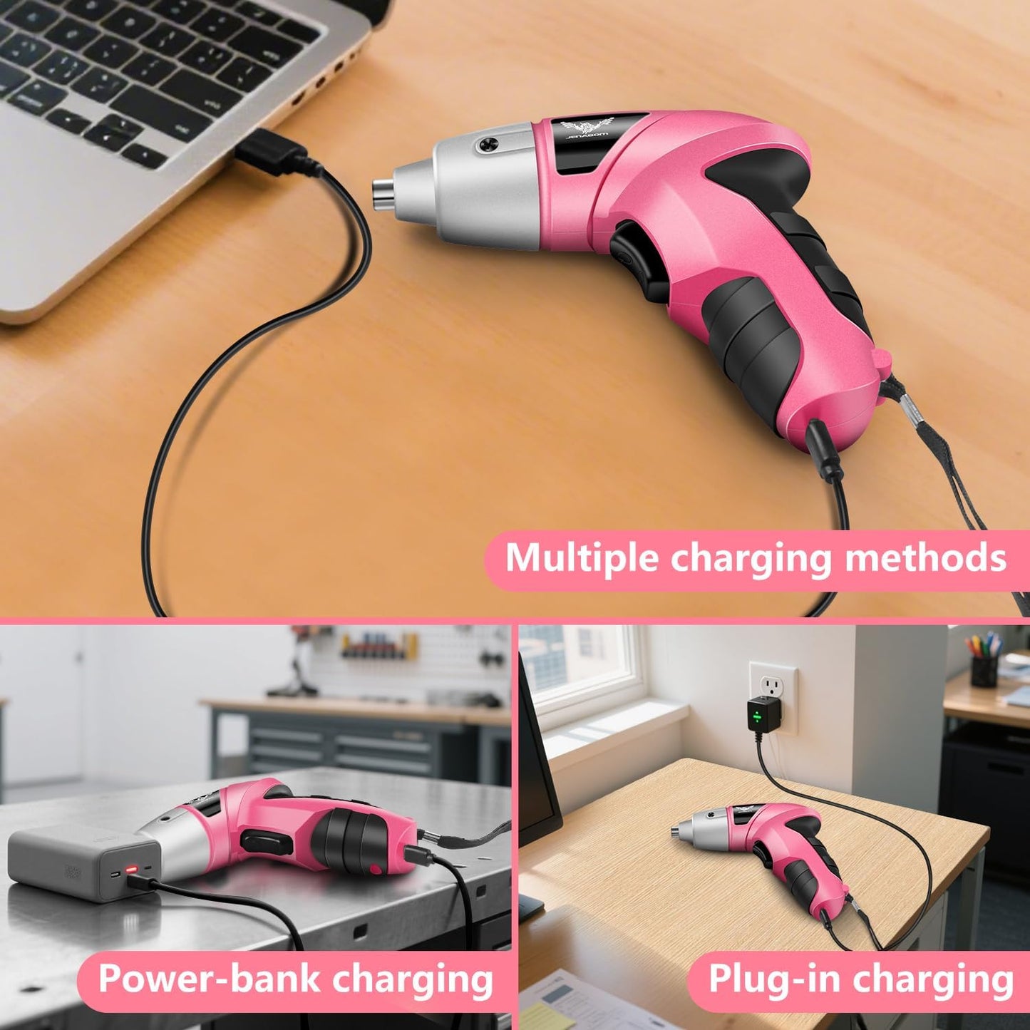 JENABOM Pink 3.6V USB Cordless Electric Screwdriver & Household Tool Kit | Power Screwdriver and Hand Tools in a Compact Box Case for Small Repair and Maintenance- Ideal Housewarming Gift, 112Pcs