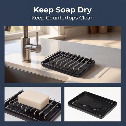 Ceramic Soap Dish with Stainless Steel Drain Tray Self Draining Soap Holder Sponge Holder Soap Dishes for Shower, Bathroom, Kitchen Sink
