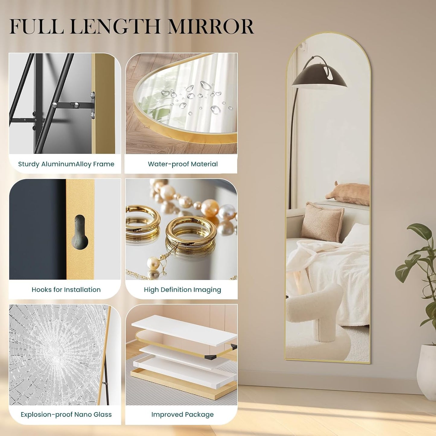 Arched Mirror Full Length, Upgraded 16"x59" Body Wall Mirrors with Shatter-Proof Glass, Floor Standing, Hanging or Leaning, Tall Arch Mirror with Stand Aluminum Alloy Frame for Bedroom Cloakroom