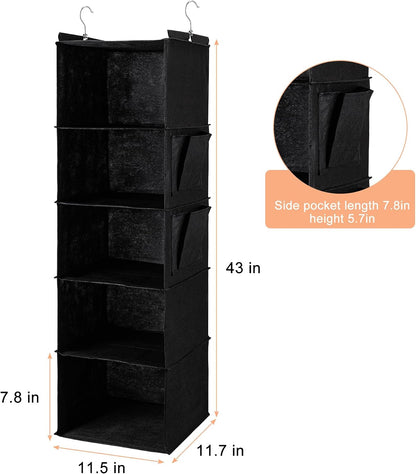 BOOMIBOO Hanging Closet Organize and Shelves，5-Hanging Shelf with 2 Side Pockets，Storage Foldable （Grey）