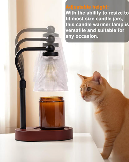 Candle Warmer Lamp with Timer - Adjustable Height & Brightness - Wood Base Glass Shade - 2 Bulbs Included(Square Gold)