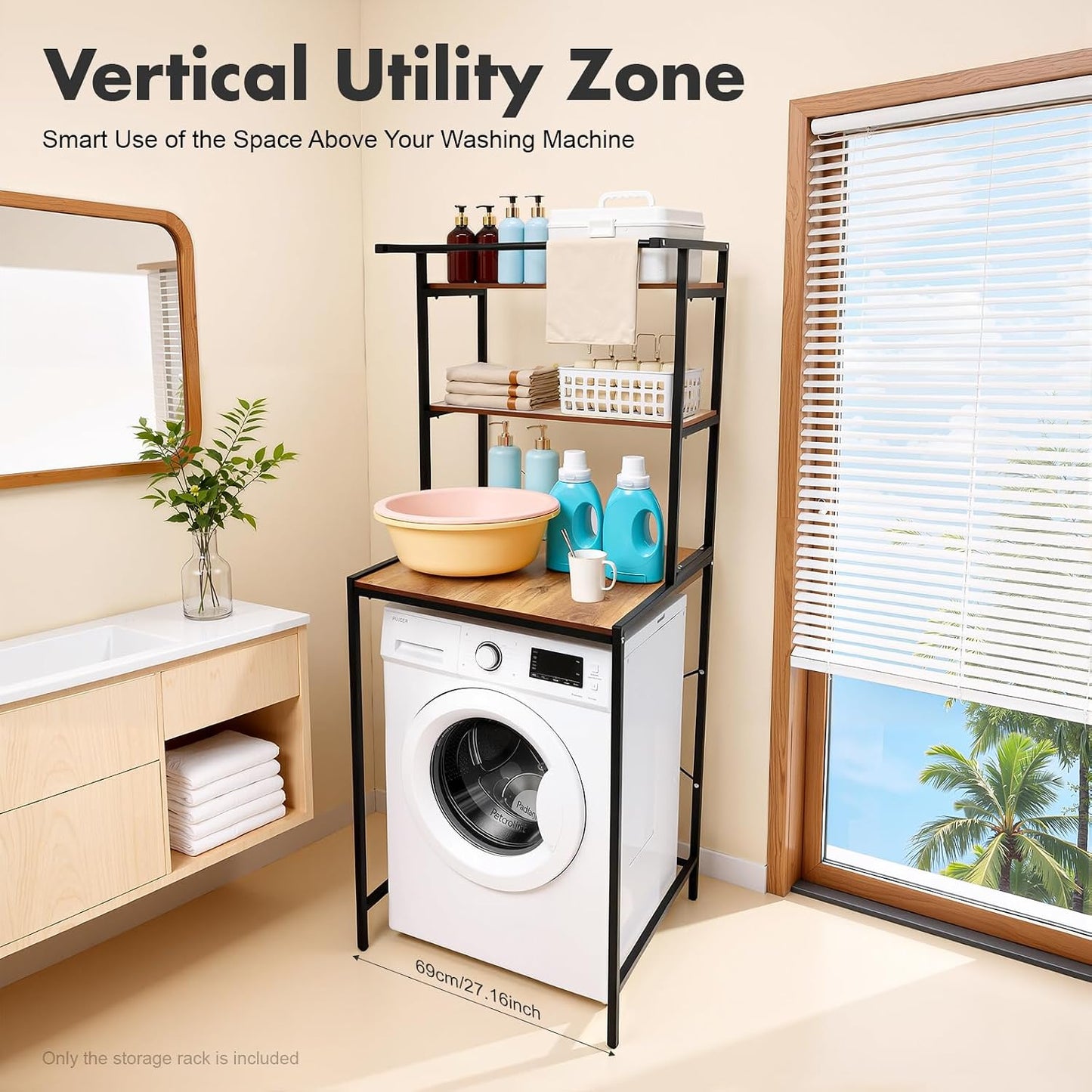 Over Washer and Dryer Shelves 3 Tiers Laundry Room Storage Organizer Floor Standing Shelf Metal Freestanding Clothes Drying Utility Rack 27.16"x23.62"x69.48" Space Saving Bathroom (Black+Oak)