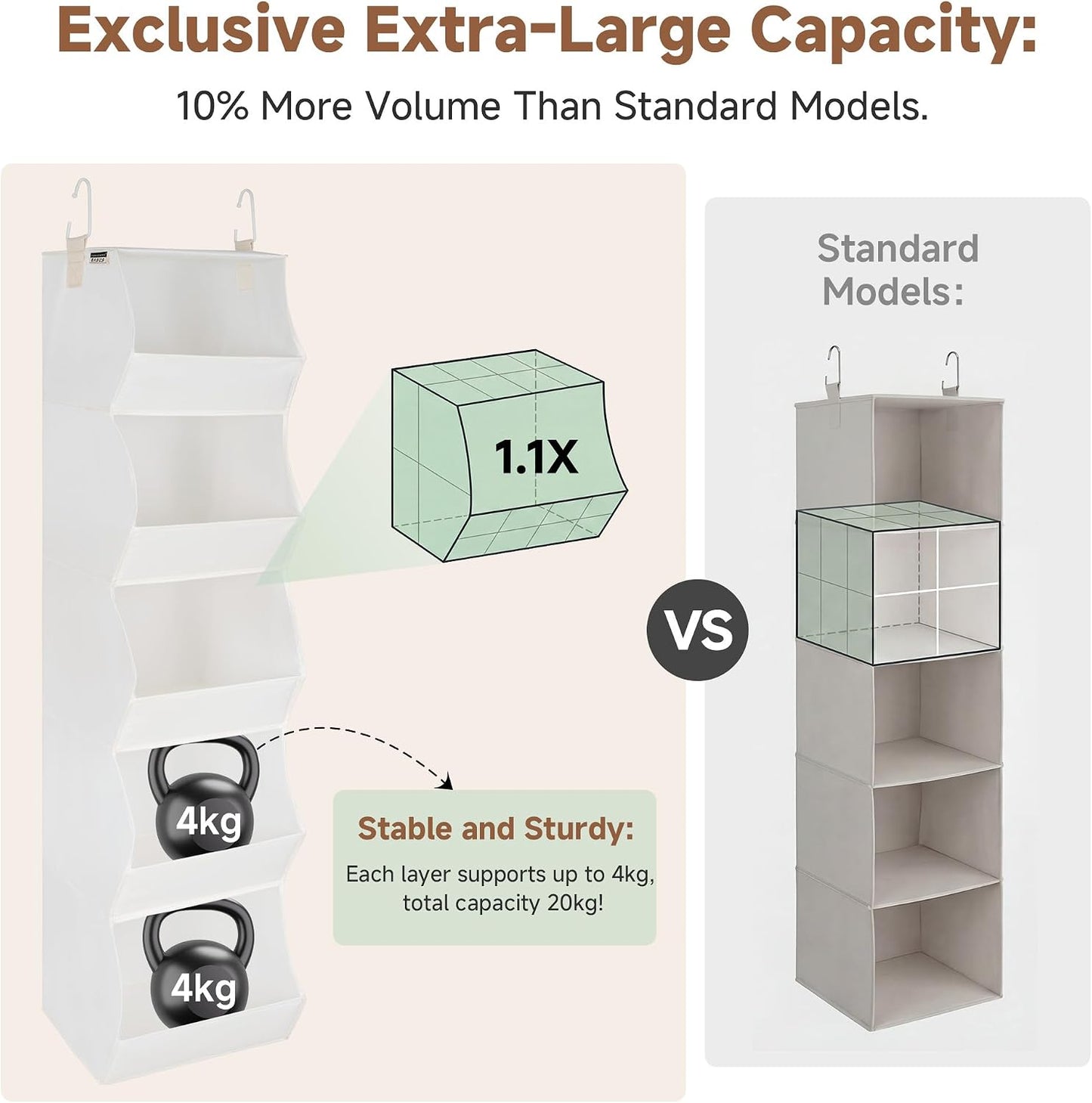 StorageWorks Basics Hanging Closet Organizer, 4-Shelf Wide Trapezoid Closet Shelves with Reinforced Anti-Sagging Support for Sweaters, Hoodies and Handbags, Foldable Storage Organizer, Beige