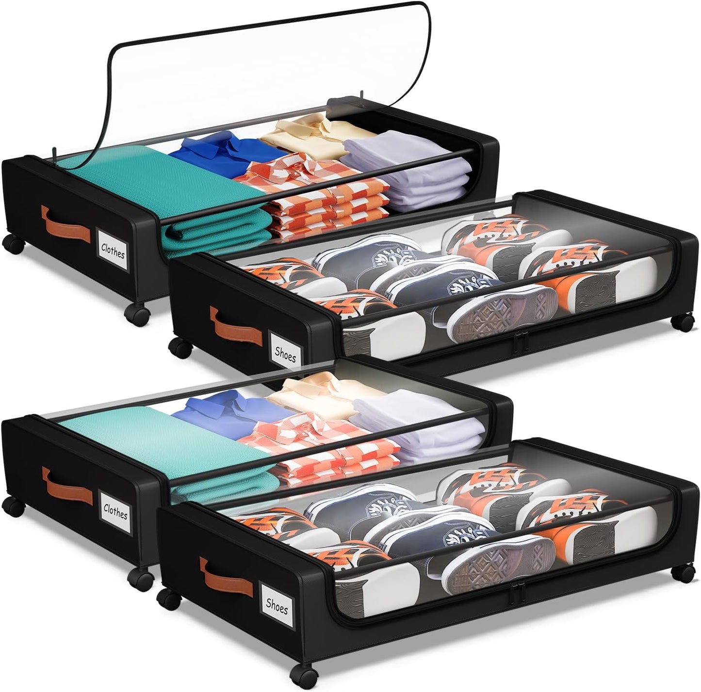 Under Bed Storage with Wheels, UnderBed Storage Containers with Clear Lid and Handles, XXL 60L Under the Bed Storage Bins Drawers for Clothes,Blankets,Shoes,Books (BLACK, 2 PACK)