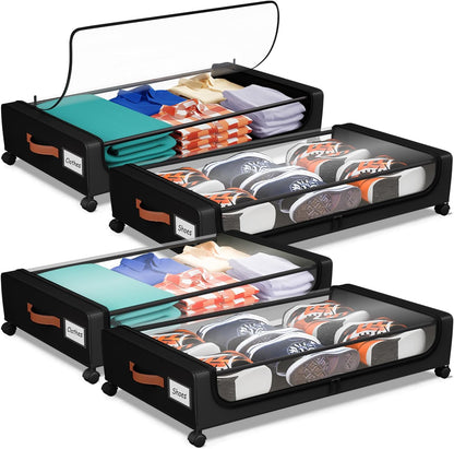 Under Bed Storage with Wheels, UnderBed Storage Containers with Clear Lid and Handles, XXL 60L Under the Bed Storage Bins Drawers for Clothes,Blankets,Shoes,Books (BLACK, 2 PACK)