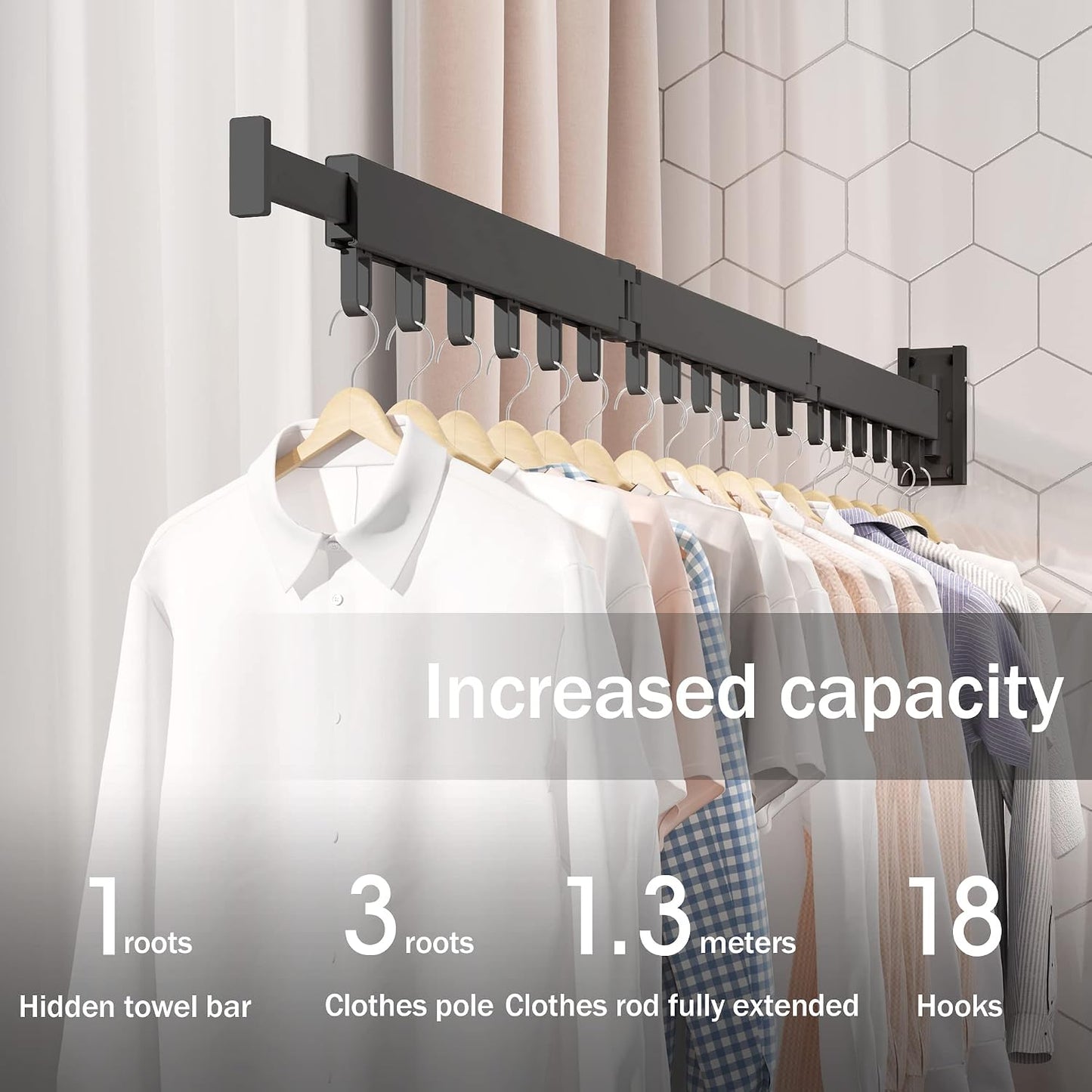 LIENAHU Wall Mounted Clothes Drying Rack, Collapsible, Folding, Retractable - Clothes Hanging Rack (Hooks, White)