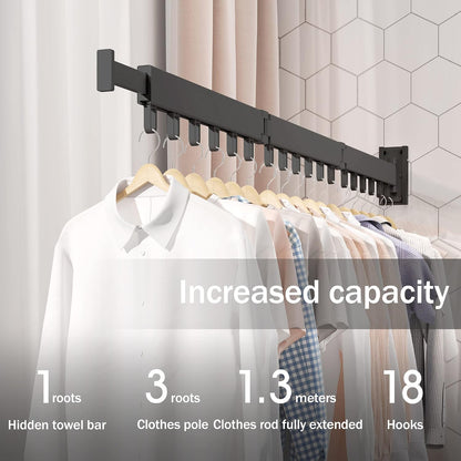 LIENAHU Wall Mounted Clothes Drying Rack, Collapsible, Folding, Retractable - Clothes Hanging Rack (Hooks, White)